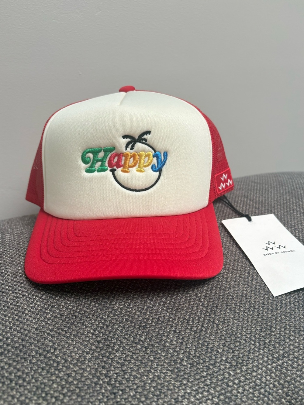 NWT- Birds of Condor Happy Embroidered Trucker Hat - Red & White